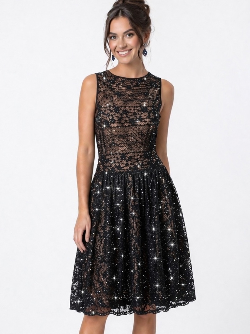 LAUREN Ralph Lauren black lace sparkly sequin  above the knee lined dress 10